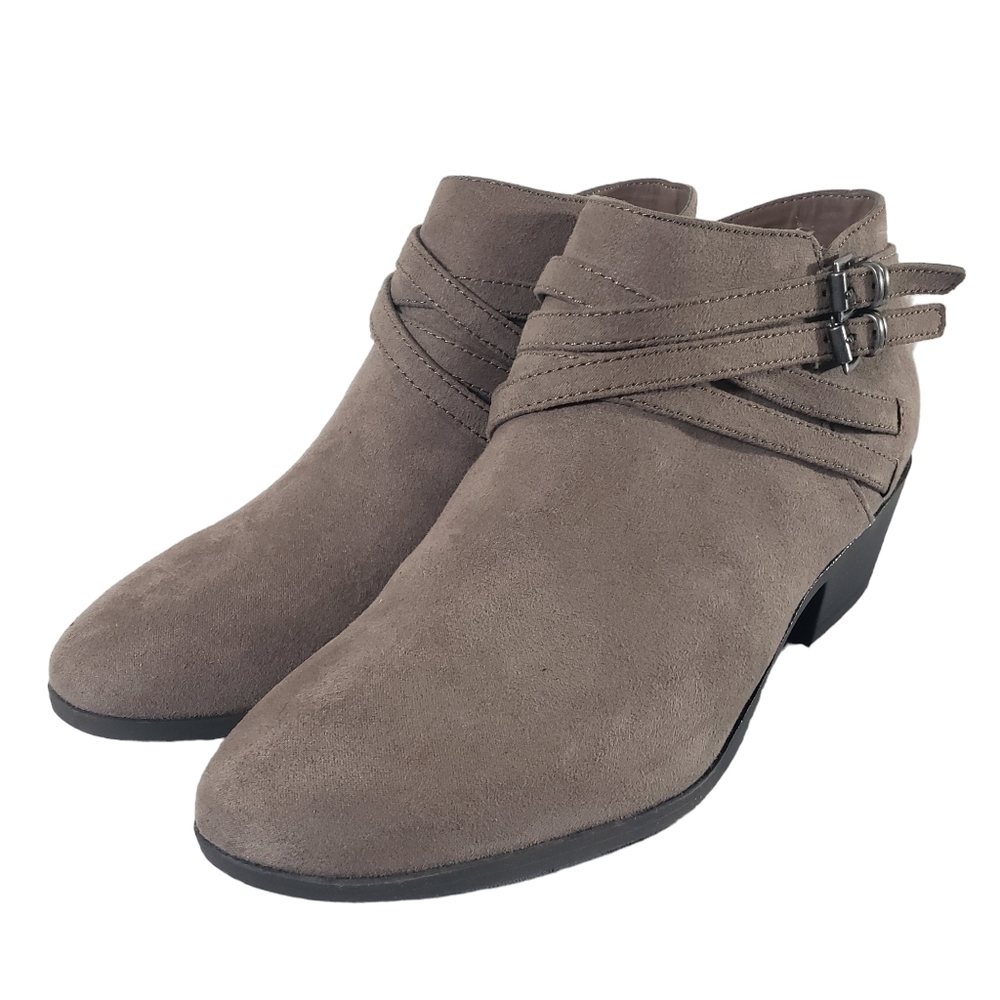 Style & Co Willow Taupe Ankle Slip On Zip Bootie with Buckle Detail Sz 6.5M